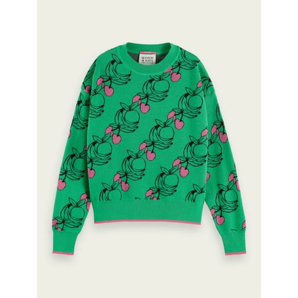 Scotch & Soda Sweater Women's Fruit Print Jacquard Pullover Green Pink - Picture 2 of 8